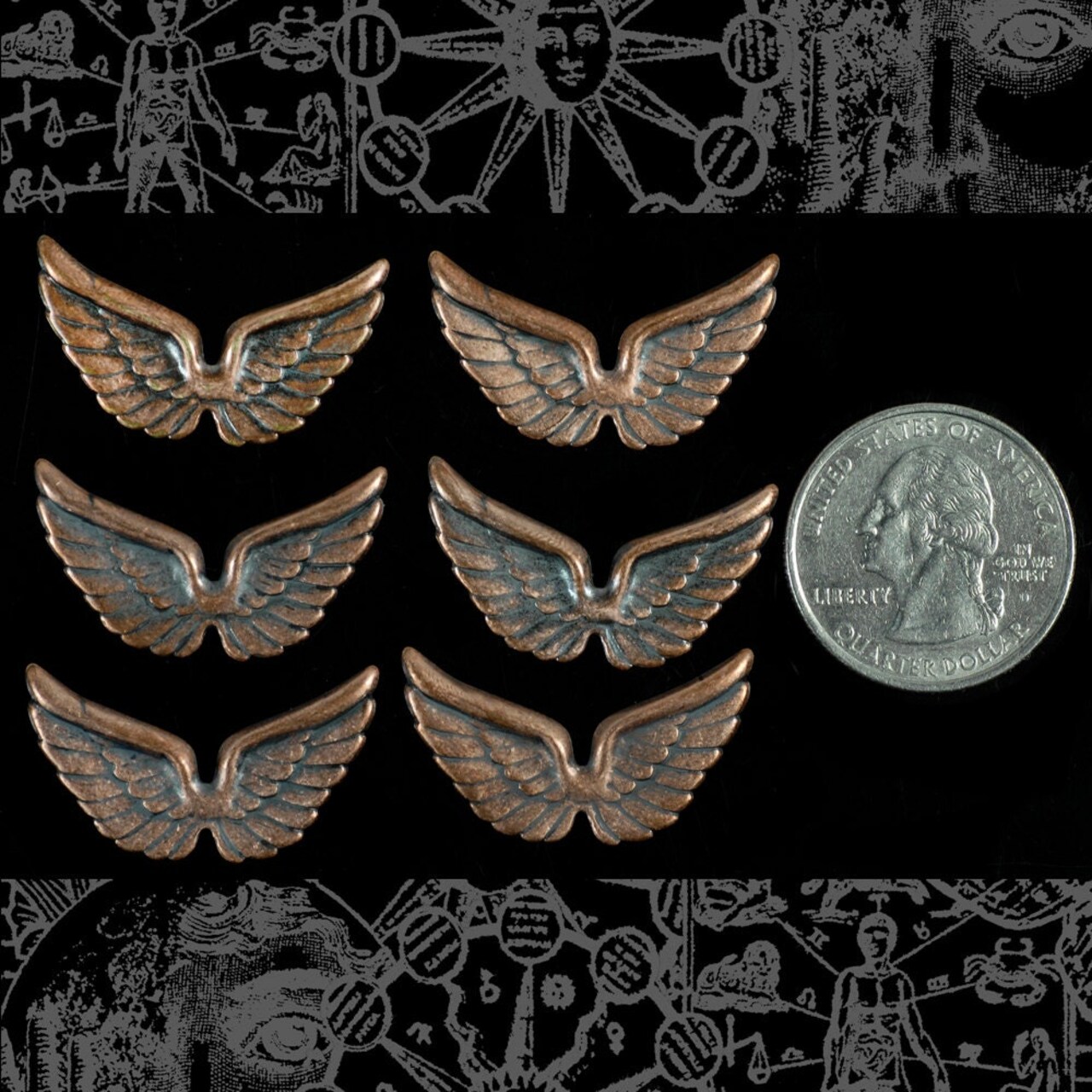Antiqued Copper Plated Brass Joined Wing Charms - Set of Six - C-C44